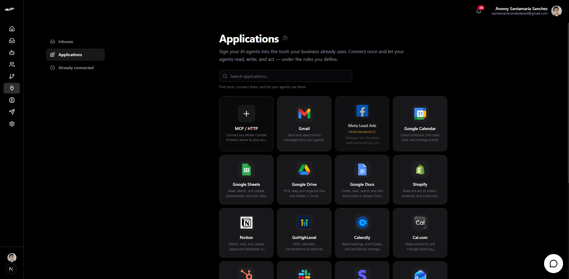 Cal.com connection step 1: Open Connect → Applications