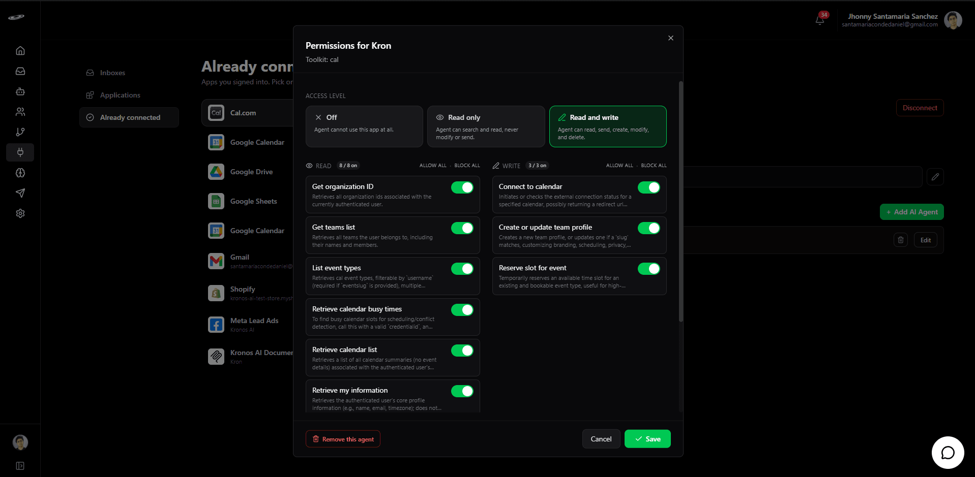 Cal.com connection step 7: Choose per-action permissions