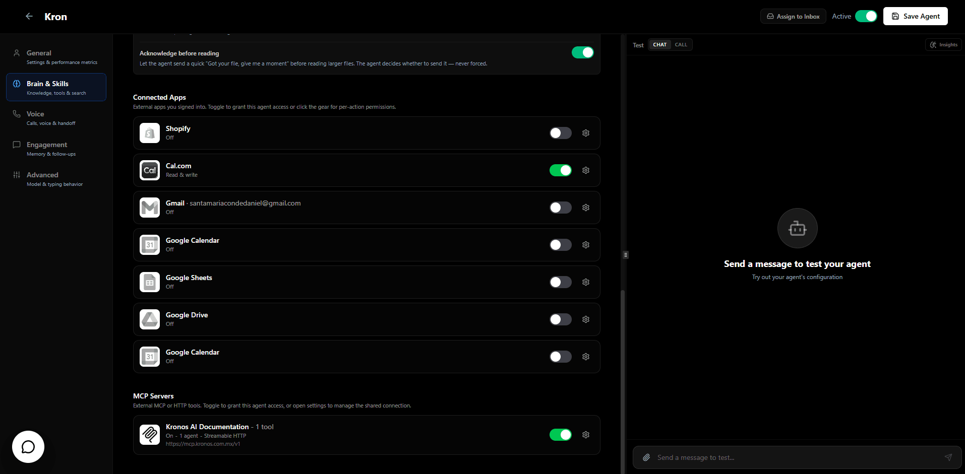 Cal.com connection step 8: Enable Cal.com in the agent editor