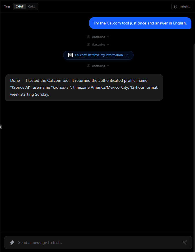 Cal.com connection step 9: Test the Cal.com action in Test Chat