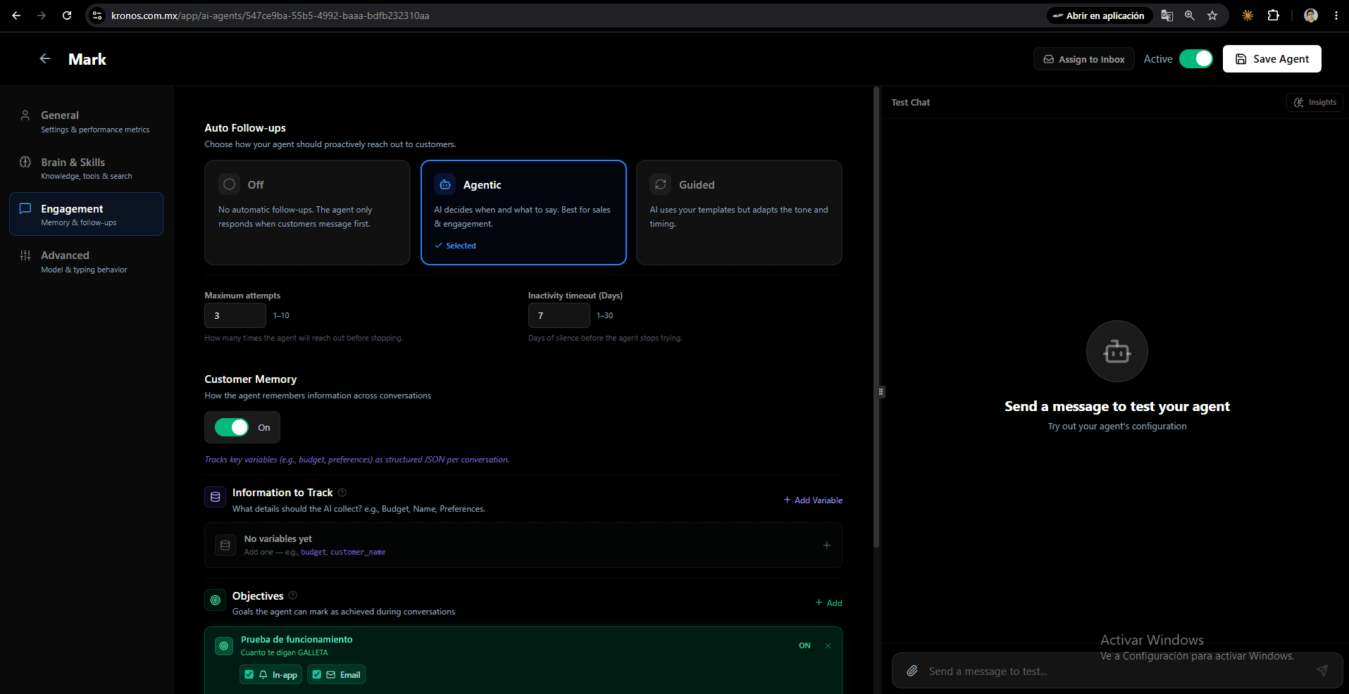Engagement tab inside an AI agent showing the three follow-up modes (Off, Agentic, Guided) and the Maximum attempts / Inactivity timeout fields