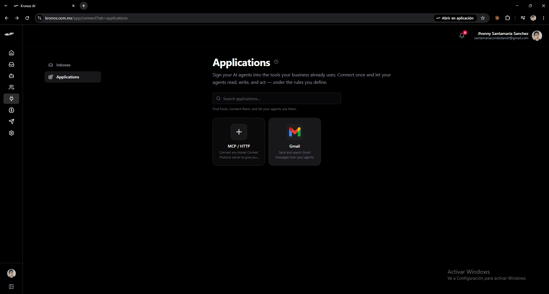 Gmail connection step 1: Open Connect → Applications