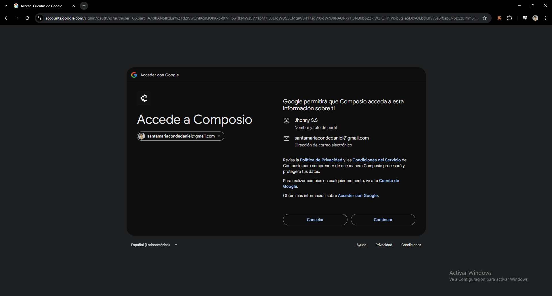 Gmail connection step 4: Confirm the chosen account