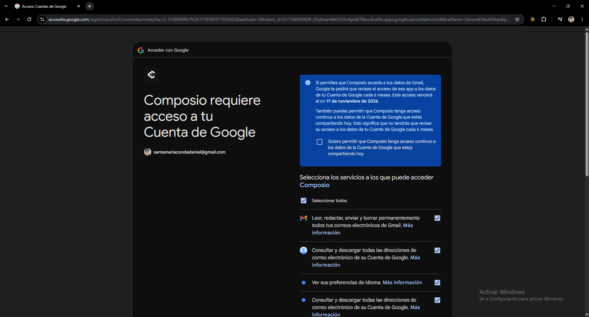 Gmail connection step 5: Review the access Kronos will have