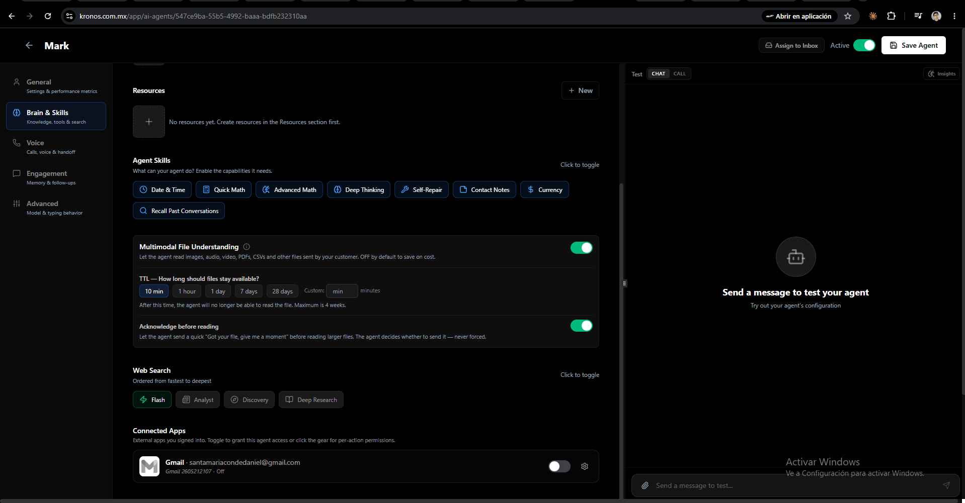 Gmail connection step 8: Grant an agent access from the agent editor