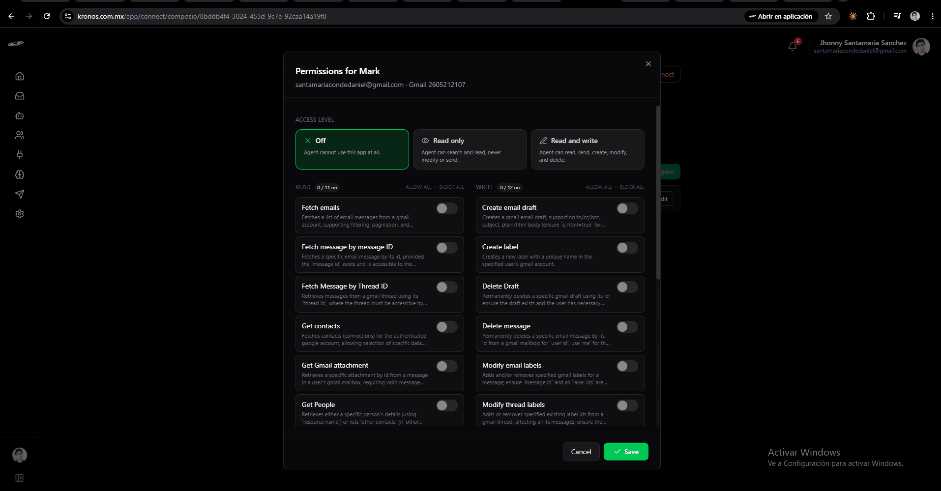 Gmail connection step 9: Set per-action permissions in the modal