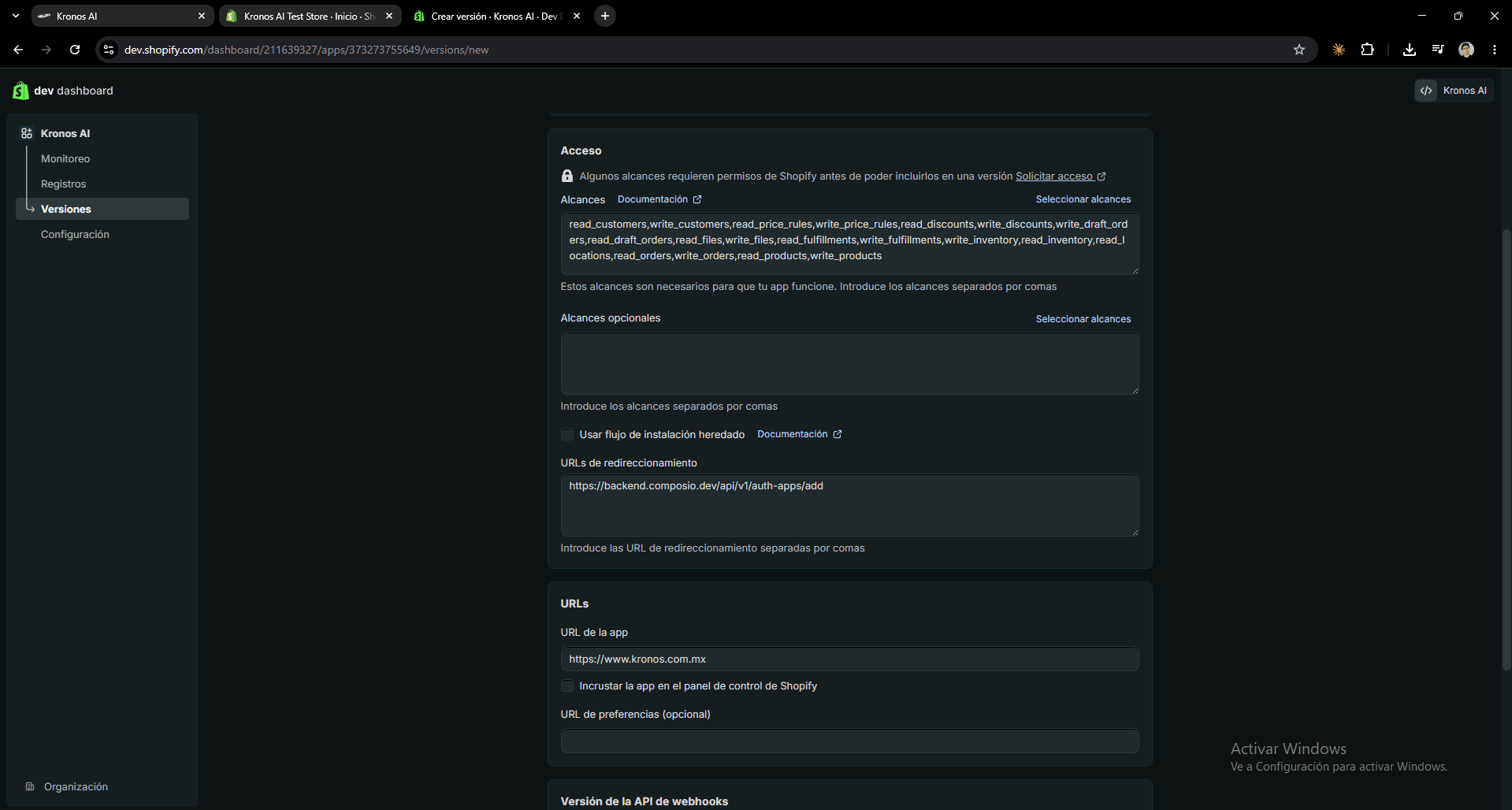 Shopify connection step 3: Add the Scopes and the Redirect URL