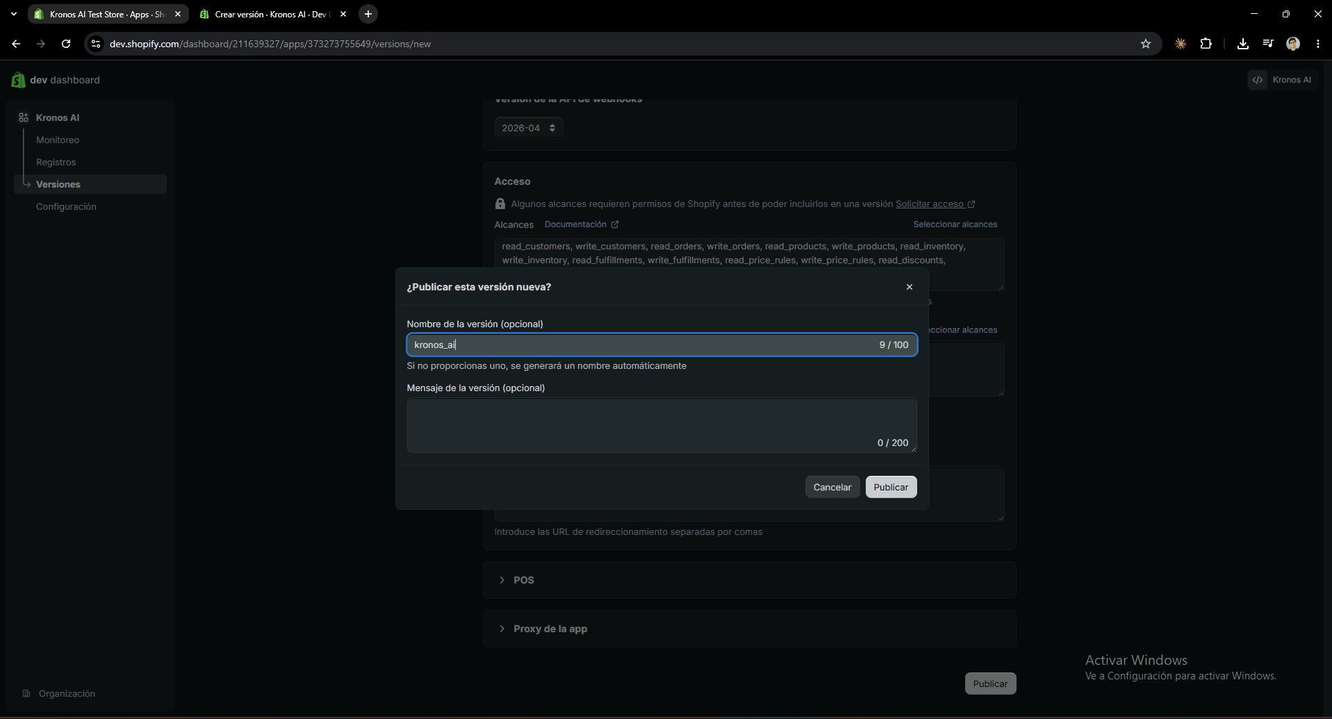 Shopify connection step 4: Publish the version