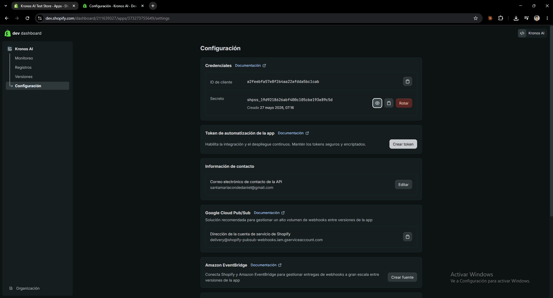 Shopify connection step 5: Copy your Client ID and Secret