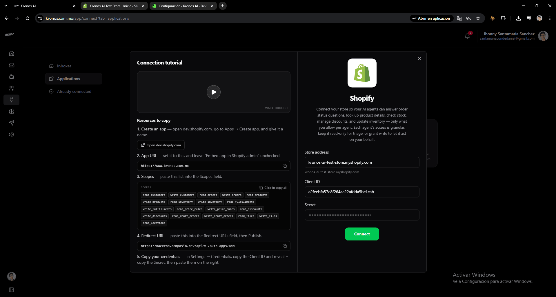 Shopify connection step 6: Open Connect → Applications → Shopify