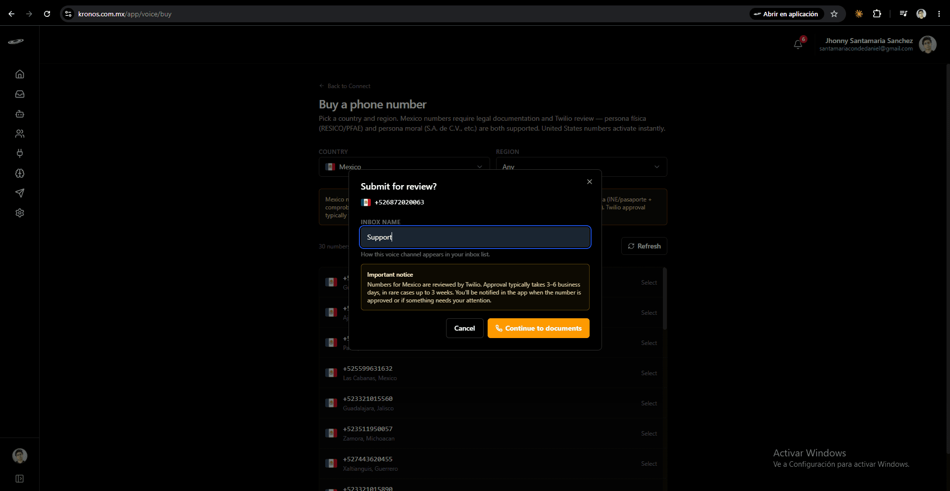 Submit for review modal asking for the inbox name