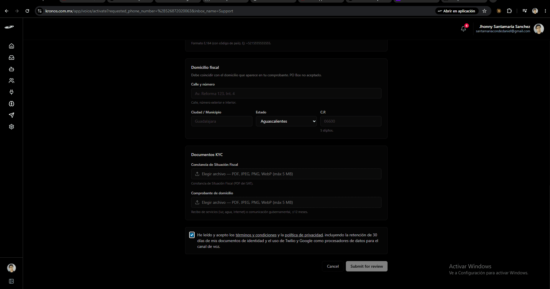 Voice activation form — fiscal address, KYC documents, terms checkbox, and Submit for review button