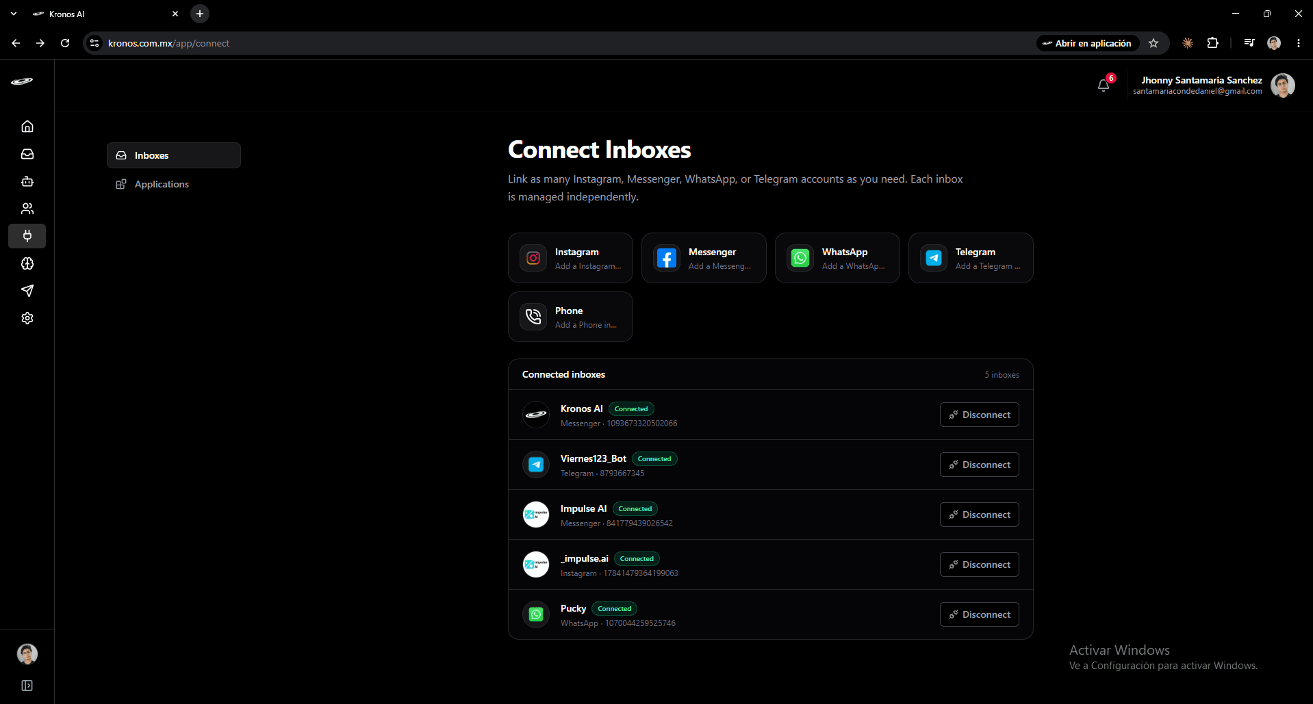 Connect Inboxes screen with the Phone tile visible