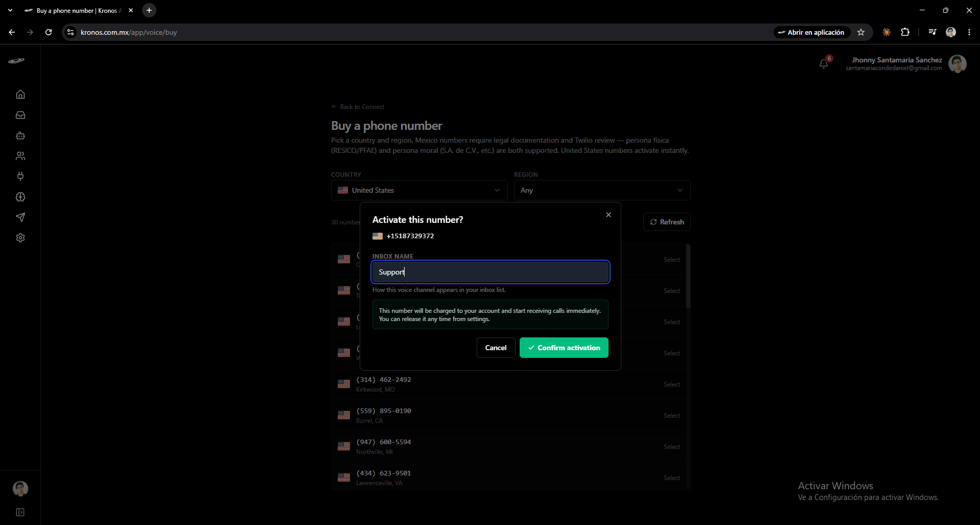 Activate this number modal with the inbox name field and the Confirm activation button
