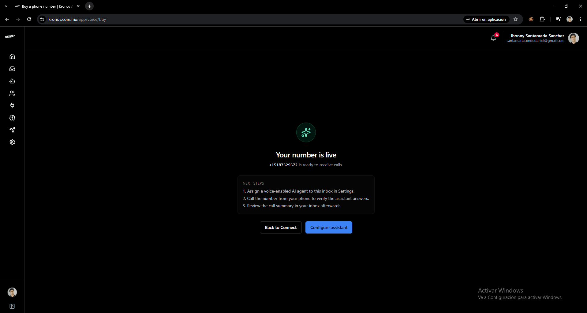 Your number is live success screen with the Configure assistant button
